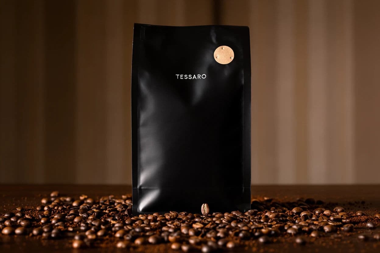 Coffee bag with loose beans arranged as a controlled scatter, generated with Krea 2 Large