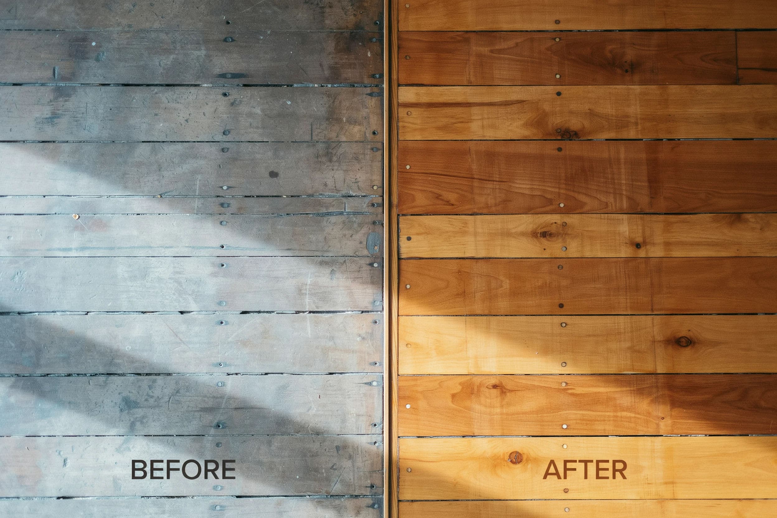 Split-frame demonstration advertisement comparing a dull and a restored wooden floor, generated with Ideogram 4.0