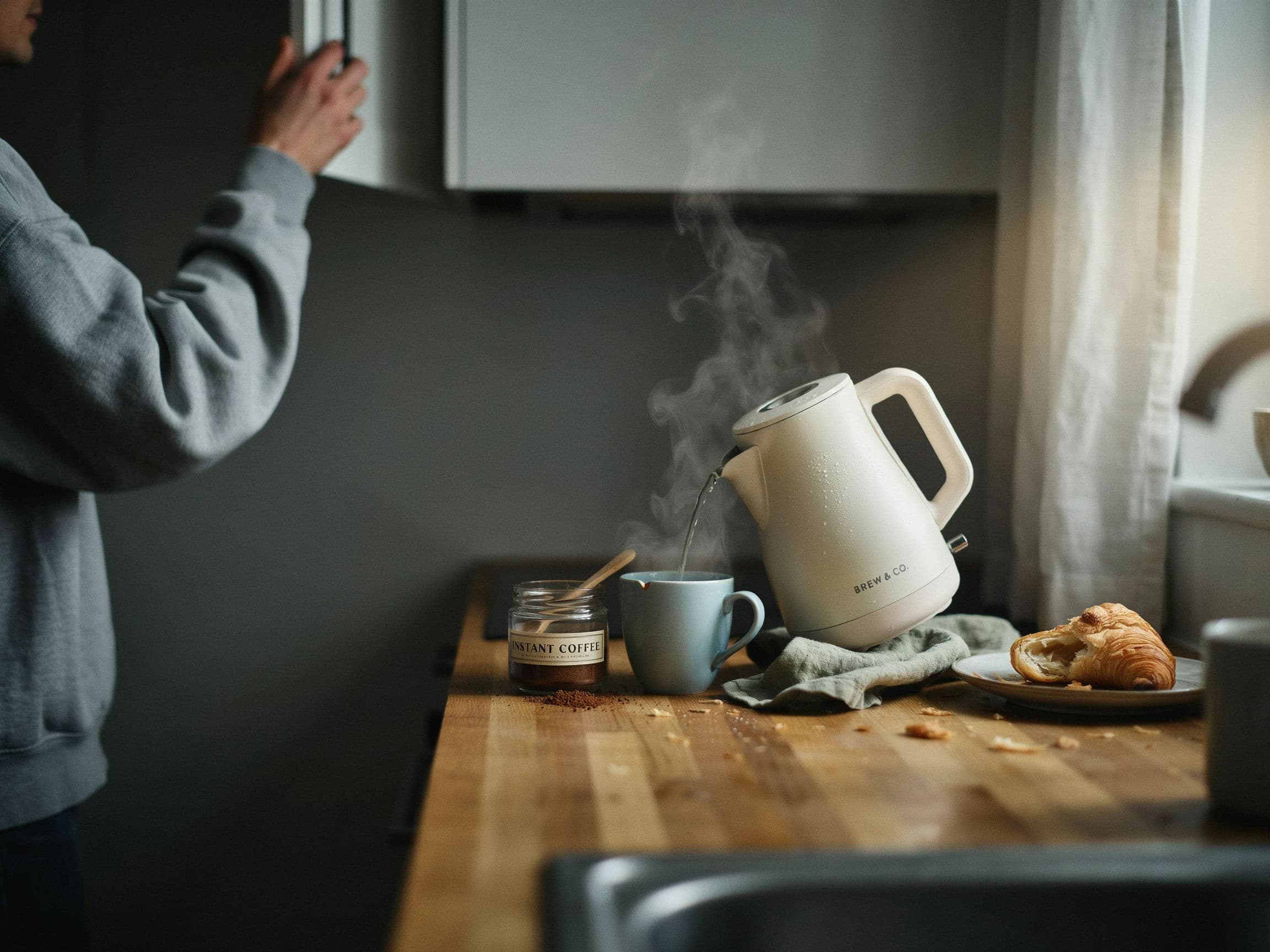 Product-in-use lifestyle advertisement of a kettle in a shared kitchen at breakfast, generated with Ideogram 4.0
