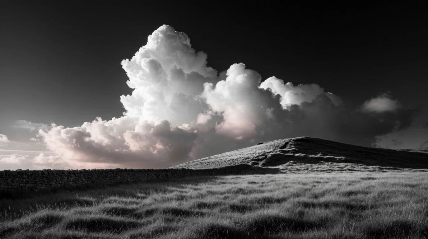 Black and white landscape with a near-black sky above a bright sunlit ridge, generated with Krea 2 Medium