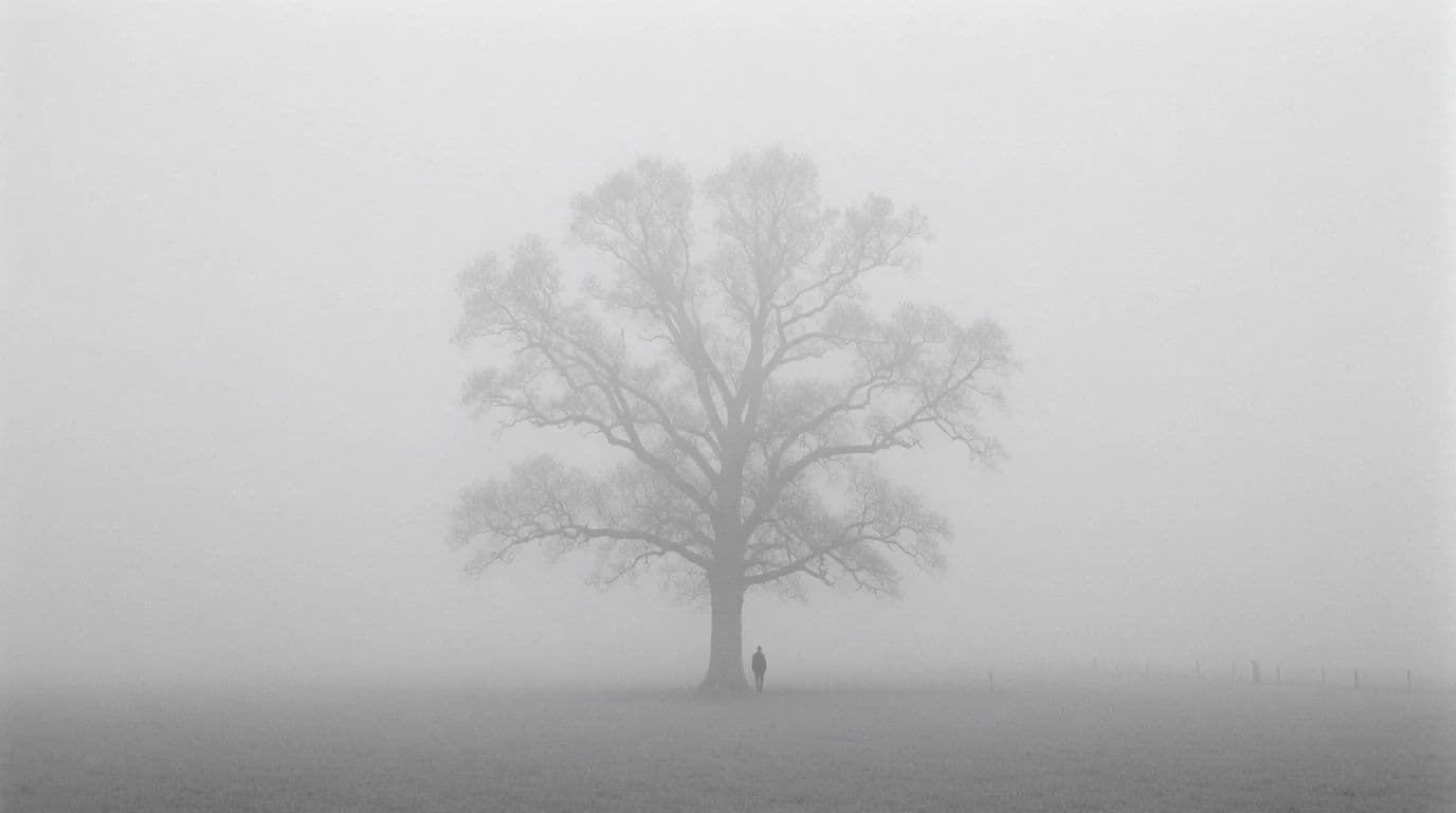 Black and white photograph of a foggy field with a single tree fading into grey, generated with Krea 2 Medium