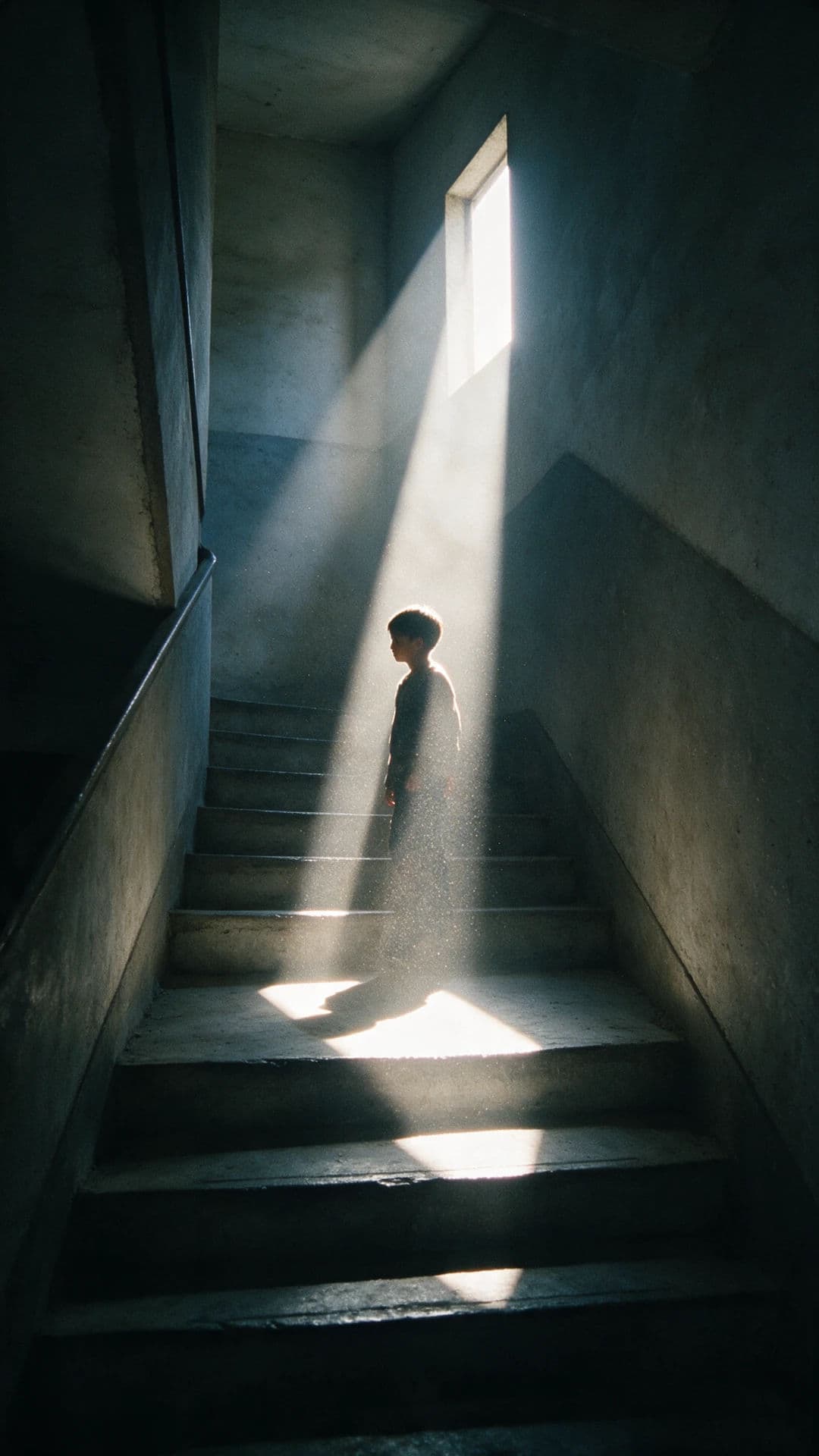 Vertical frame with a figure lit by a shaft of light in a stairwell, generated with Seedream 5.0 Pro