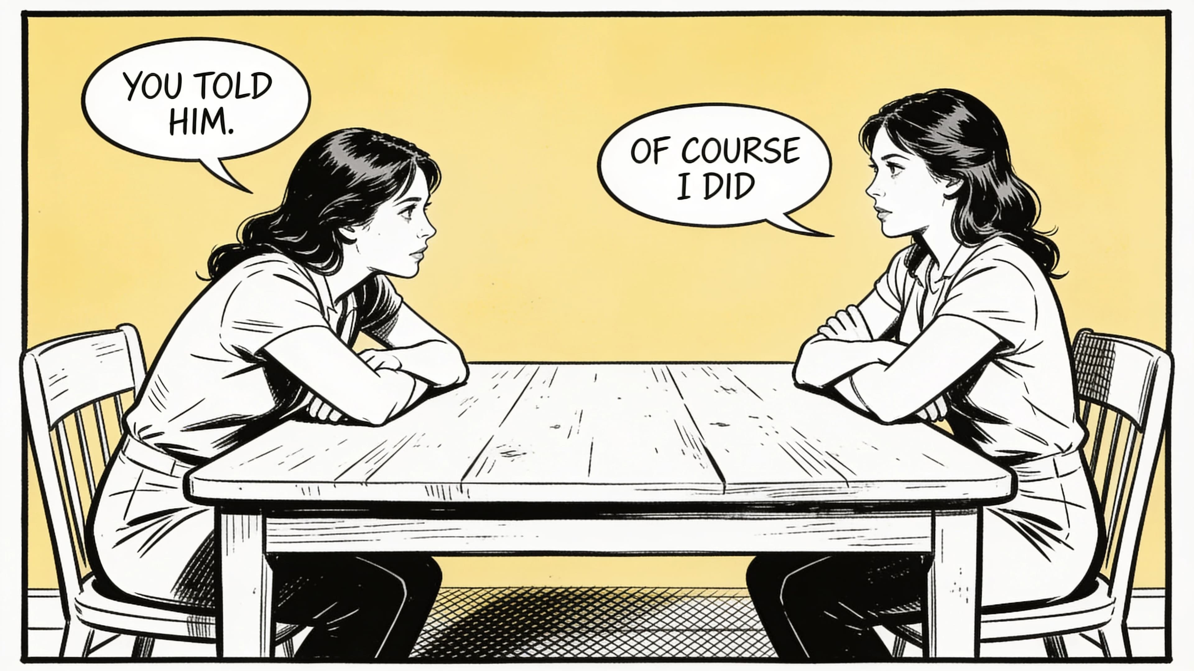 Wide comic panel of two characters talking with balloons on either side, generated with Seedream 4.5