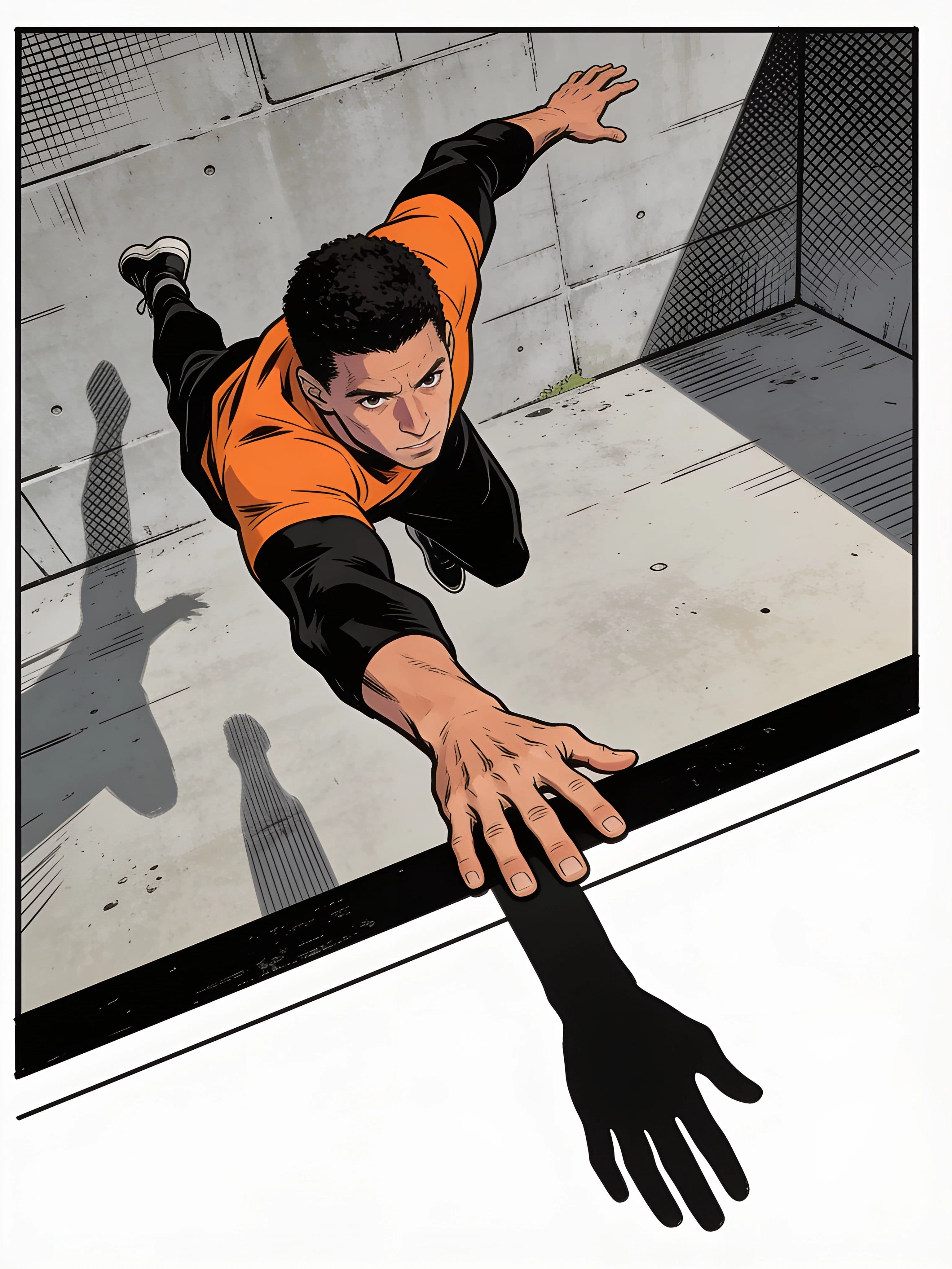 Comic panel with a character breaking the panel border and overlapping the gutter, generated with Seedream 4.5