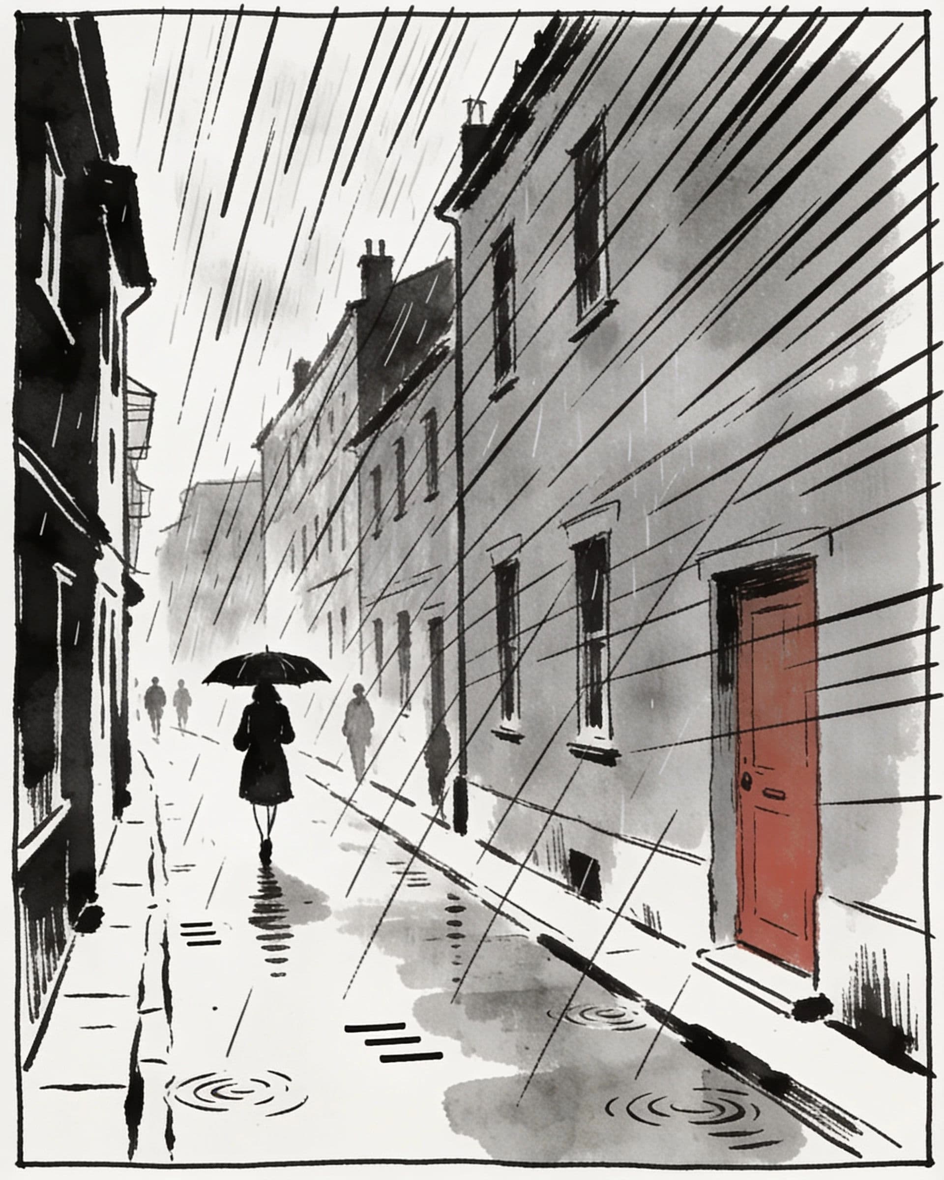 Comic panel of a rainy street rendered with dense vertical hatching for weather, generated with Seedream 4.5