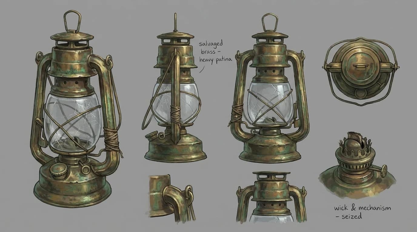 Prop sheet showing one lantern from six angles on a neutral ground, generated with Nano Banana Pro