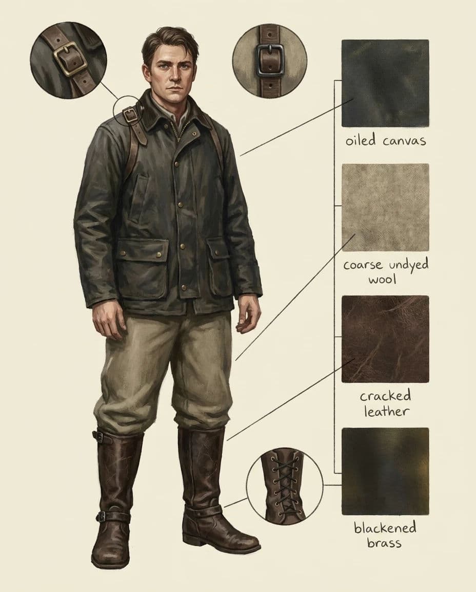 Costume design sheet with fabric swatches and detail callouts beside a figure, generated with Nano Banana Pro
