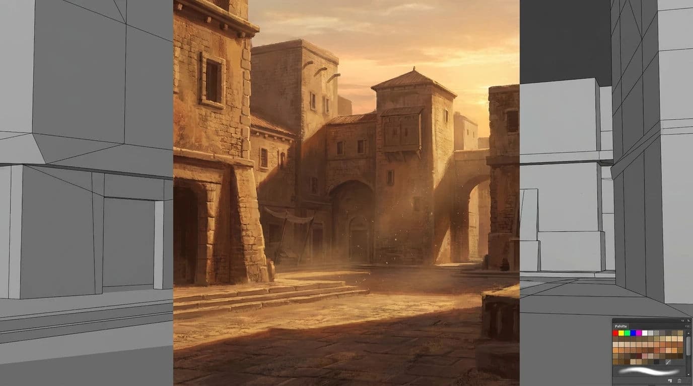 Concept painting over a grey 3D blockout with the underlying geometry still visible, generated with Nano Banana Pro