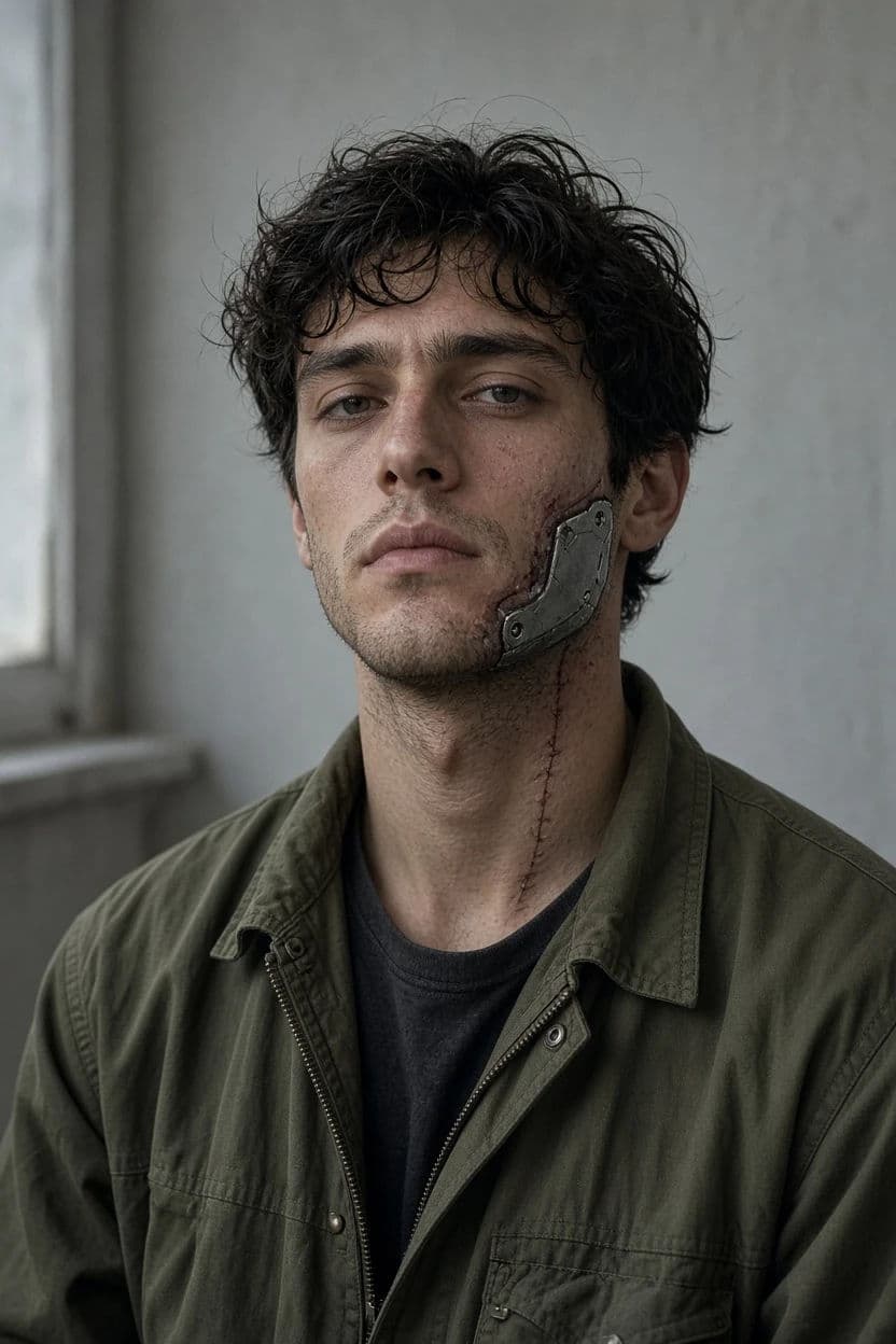 Cyberpunk portrait of a courier with visible implant scarring in plain window light, generated with Grok Imagine Image 2