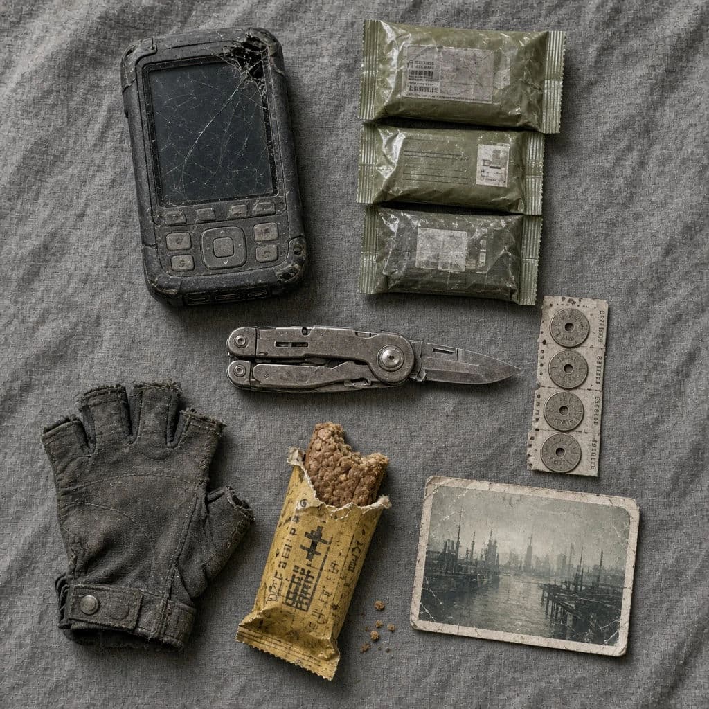 Cyberpunk overhead flat-lay of the contents of a courier's bag, generated with Grok Imagine Image 2