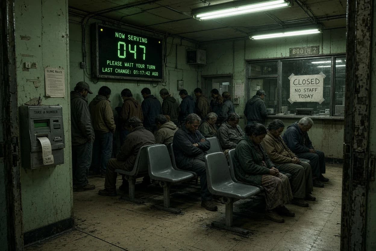Cyberpunk scene of a public clinic waiting room with worn seating and a queue, generated with Grok Imagine Image 2