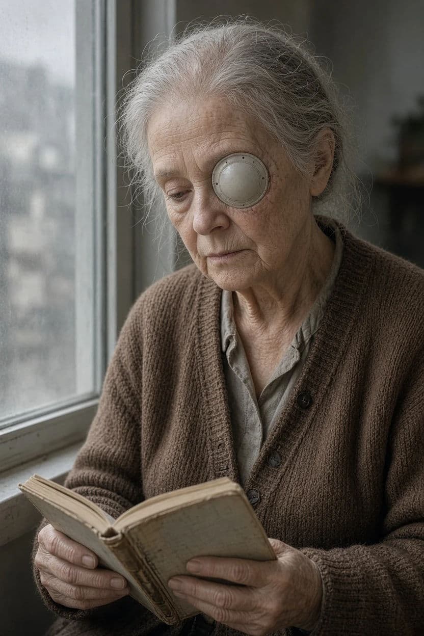 Cyberpunk portrait of an older woman with an ocular implant reading a paper book, generated with Grok Imagine Image 2
