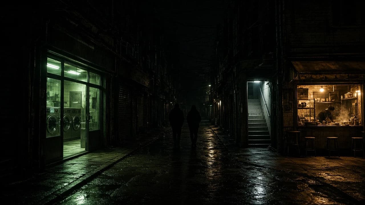 Cyberpunk night street where the only light comes from shop interiors, generated with Grok Imagine Image 2