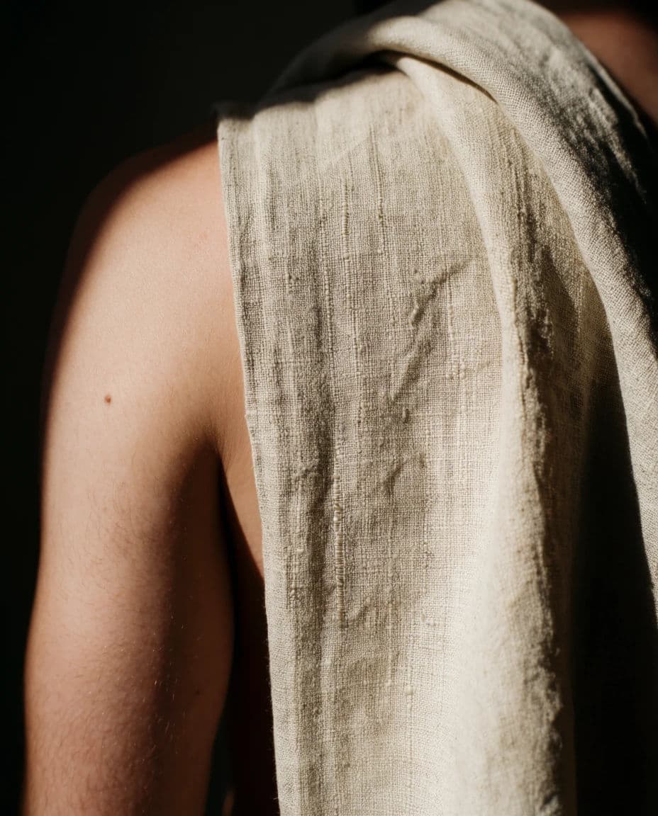 Fashion detail of fabric draped over a shoulder shot to show weave and light, generated with Krea 2 Large