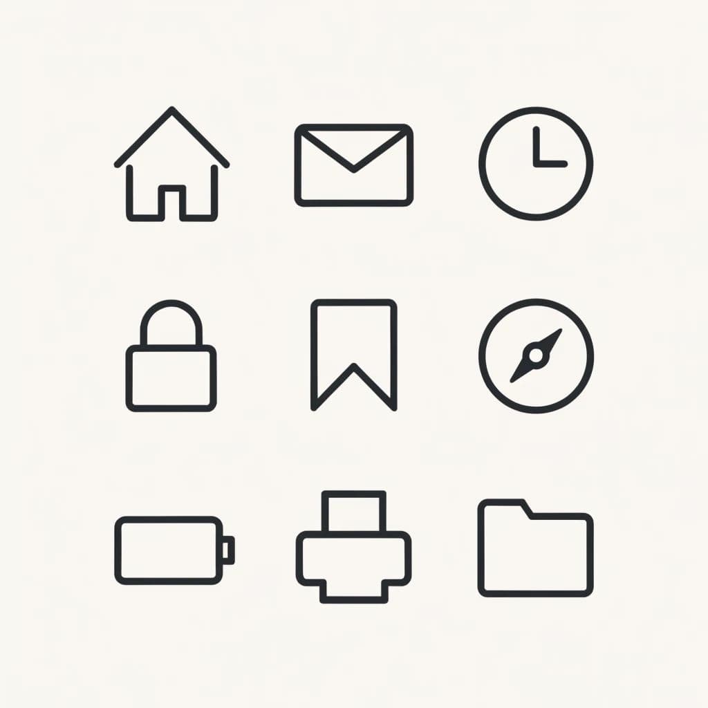 Set of nine flat icons on a grid sharing one stroke weight, generated with Recraft