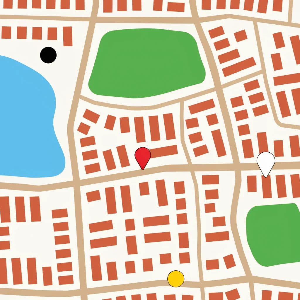 Flat illustration of a map with simplified roads, water and blocks, generated with Recraft