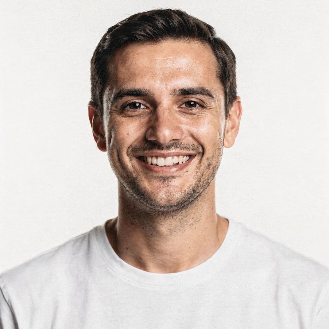 Square profile picture crop of a smiling man on a clean white background, generated with Flux 2 Pro