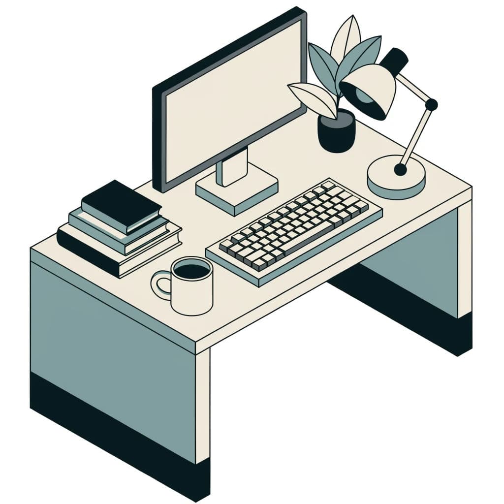 Isometric illustration of a desk workstation with computer, lamp and accessories, generated with Recraft