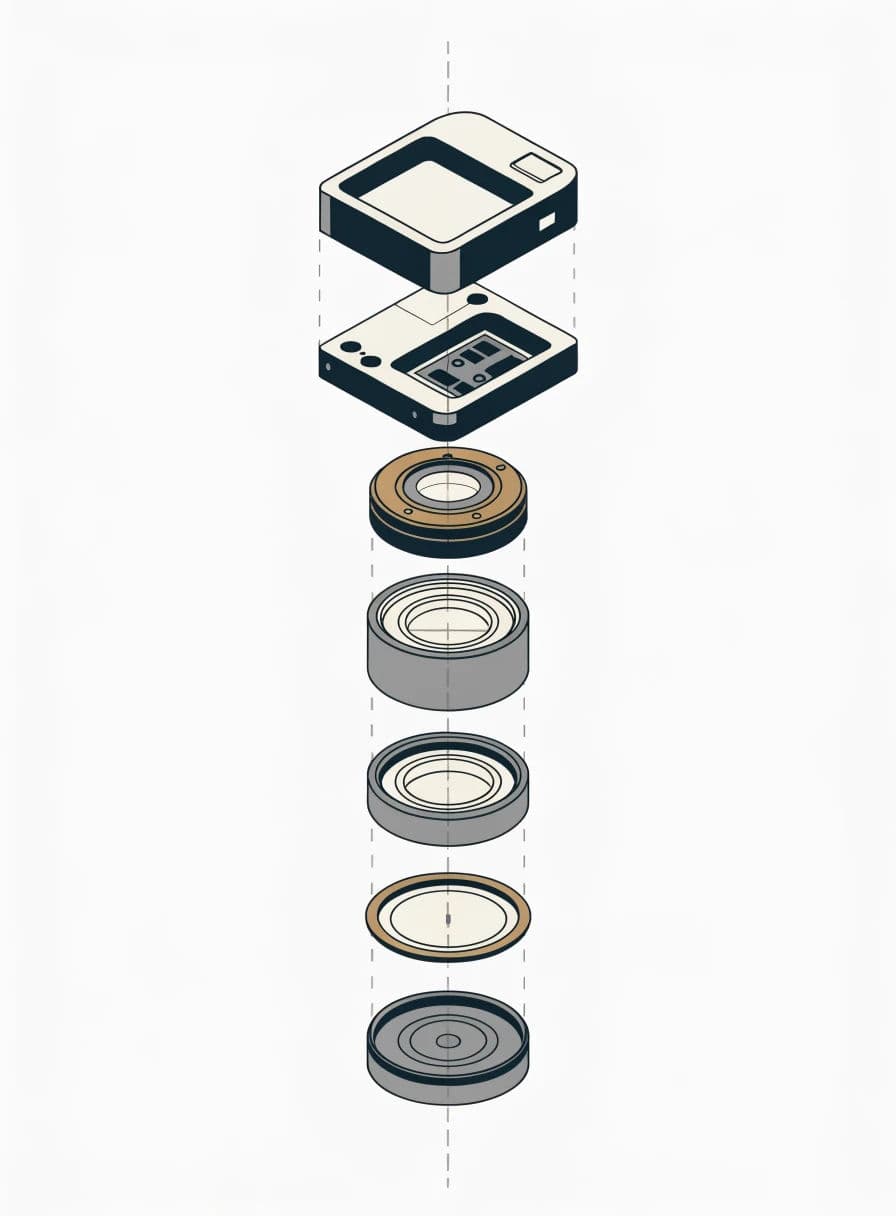 Isometric exploded diagram of a device with parts separated along one axis, generated with Recraft