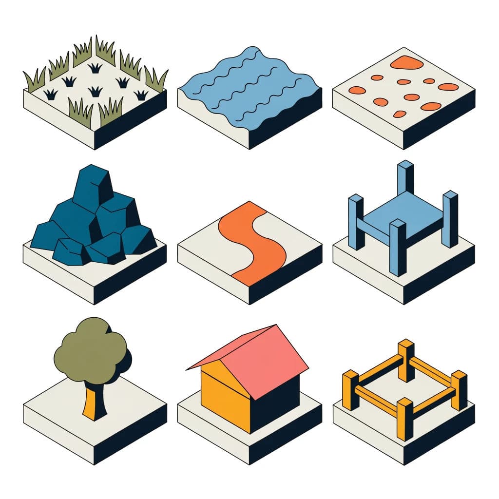 Isometric game tile set showing terrain pieces that fit together, generated with Recraft