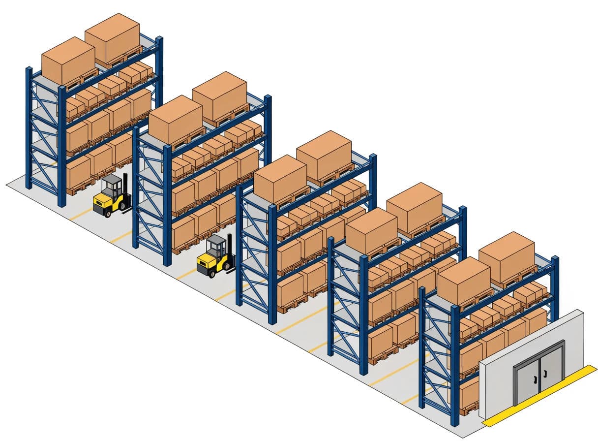 Isometric illustration of a warehouse interior with racking and forklifts, generated with Recraft