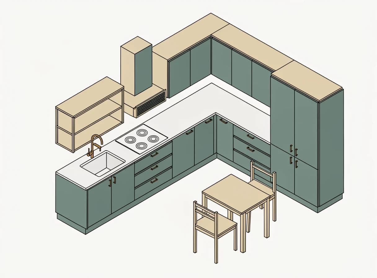 Isometric illustration of a kitchen showing appliances and worktops in parallel projection, generated with Recraft