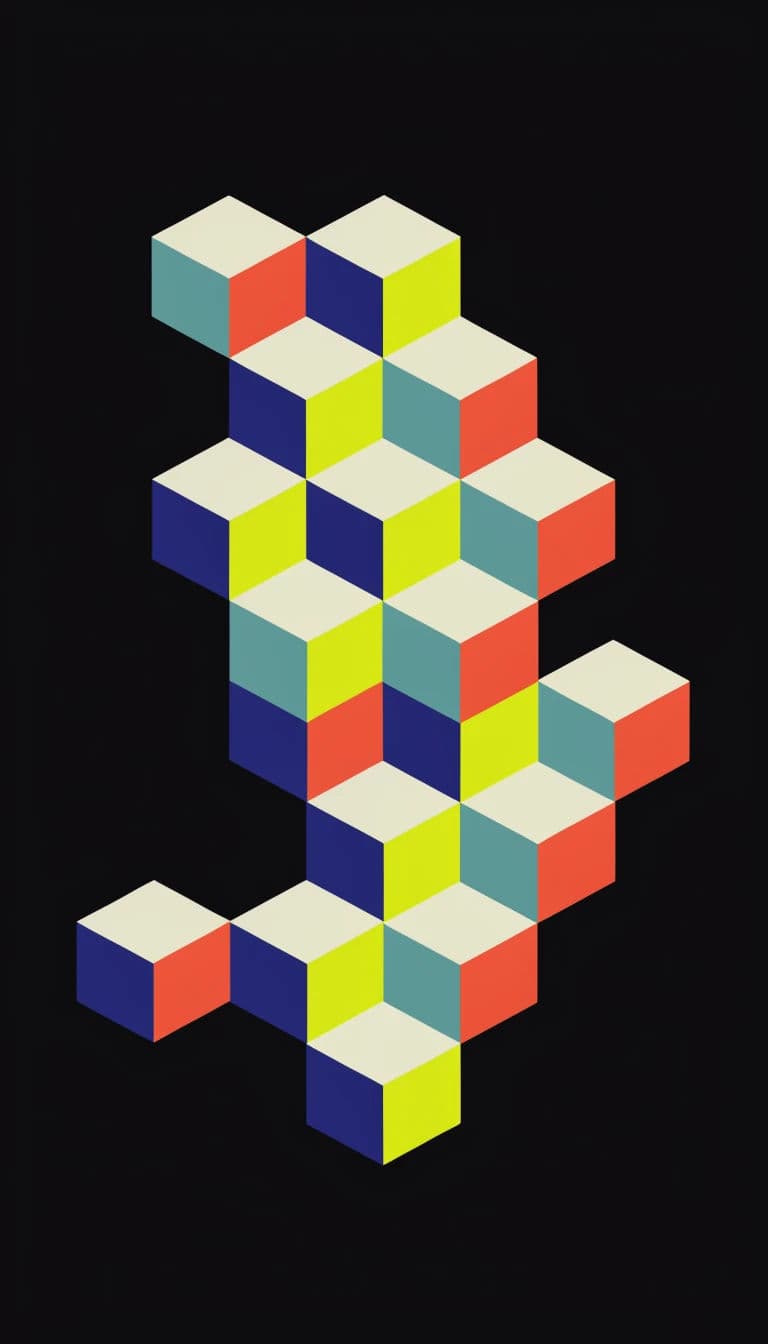 Tall isometric illustration of a stack of cubes forming an abstract tower, generated with Recraft