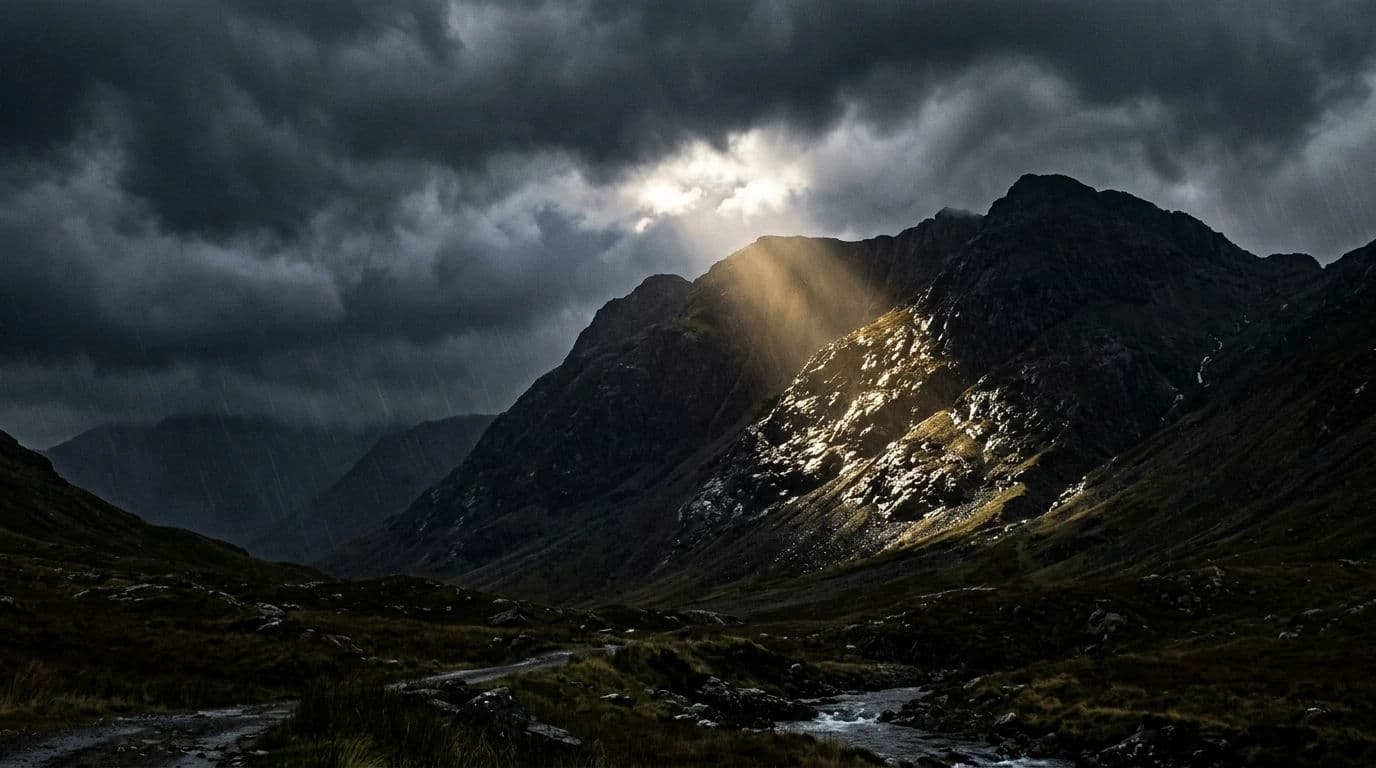 Landscape photograph of a single shaft of sunlight breaking through storm cloud onto one mountain flank, generated with Nano Banana 2
