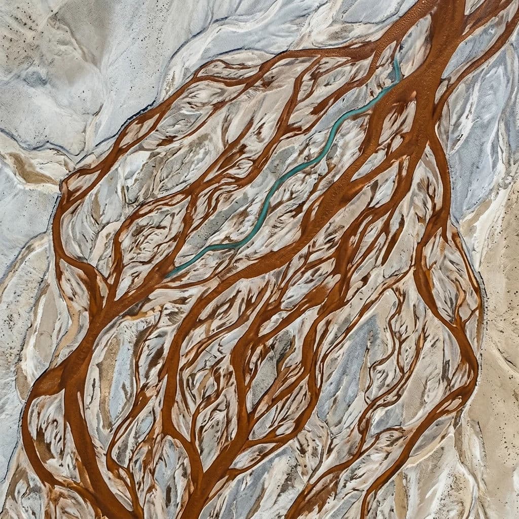 Aerial photograph looking straight down at a braided river delta forming a branching pattern in sediment, generated with Nano Banana 2