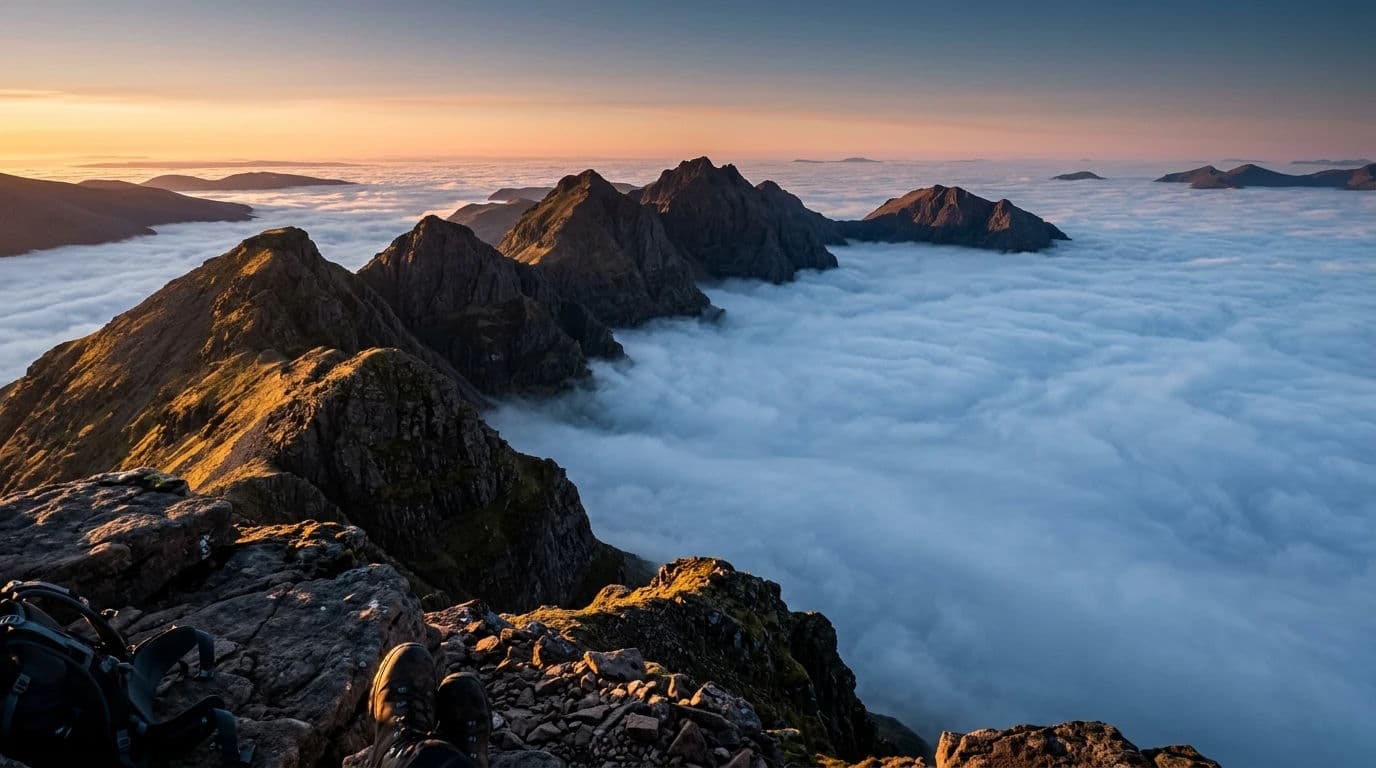 Landscape photograph of a sea of valley fog with dark peaks rising above it at sunrise, generated with Nano Banana 2