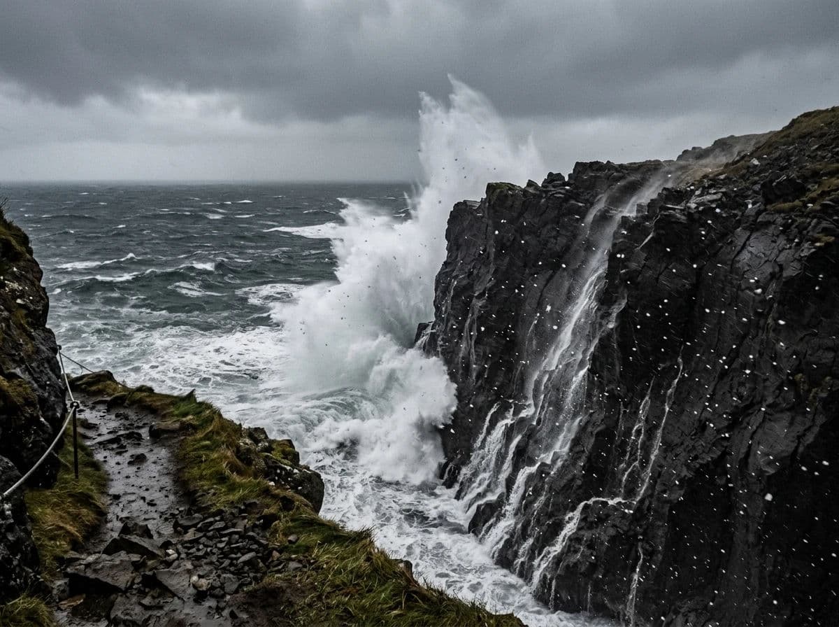 Coastal photograph of heavy storm waves breaking white against a dark headland under low cloud, generated with Nano Banana 2