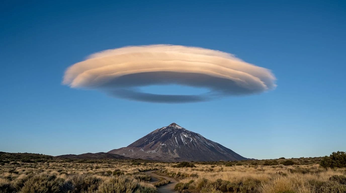 Mountain photograph of a smooth lens-shaped cloud sitting stationary above an isolated summit, generated with Nano Banana 2