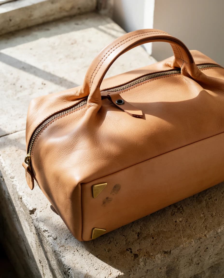 Campaign photograph of a tan calf leather holdall on a pale stone ledge in raking daylight, generated with Krea 2 Large