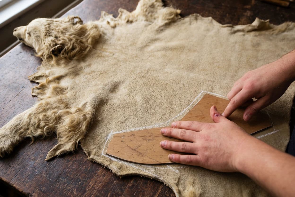 Photograph of a cutter chalking a pattern onto a full hide on a wooden bench, generated with Krea 2 Large