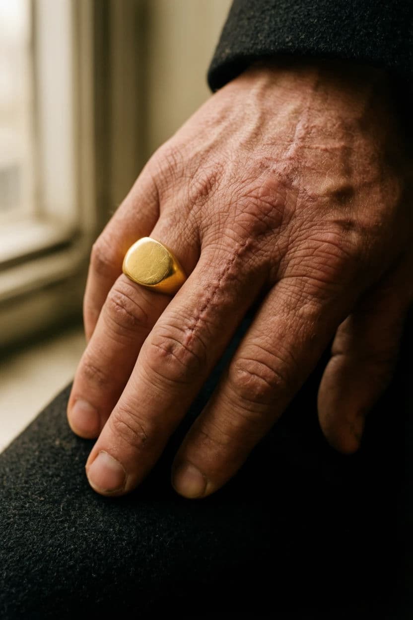 Vertical photograph of a heavy gold signet ring worn on a hand that clearly does manual work, generated with Krea 2 Large