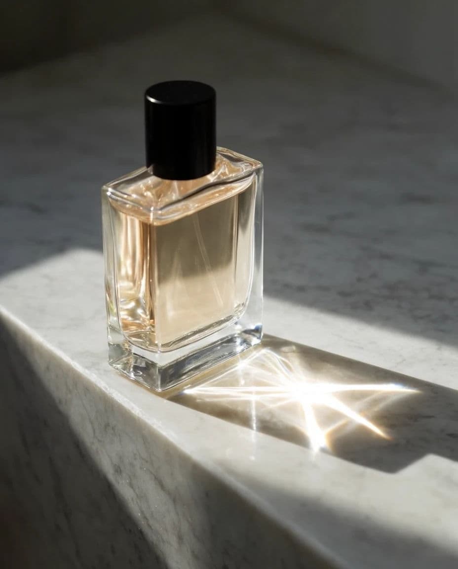 Photograph of a heavy glass fragrance flacon on a marble sill throwing a caustic of light, generated with Krea 2 Large