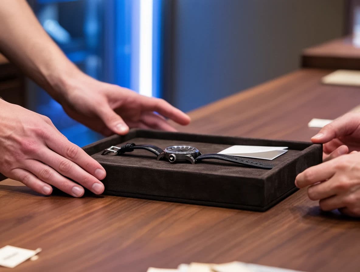 Photograph of a watch presented on a suede tray across a counter at the moment of handover, generated with Krea 2 Large