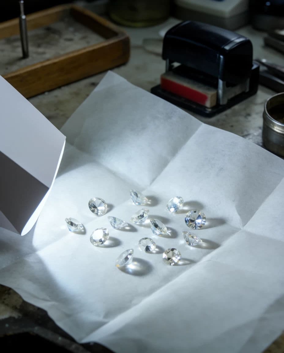 Photograph of loose cut stones tipped onto a folded parcel paper under a jeweller lamp, generated with Krea 2 Large
