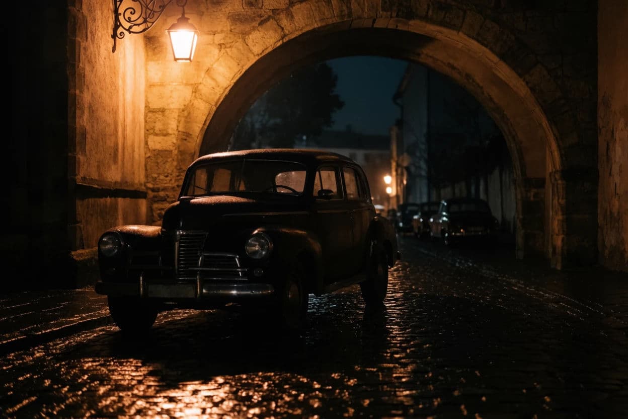 Photograph of a dark car parked under an old stone arch lit only by a wall lantern, generated with Krea 2 Large
