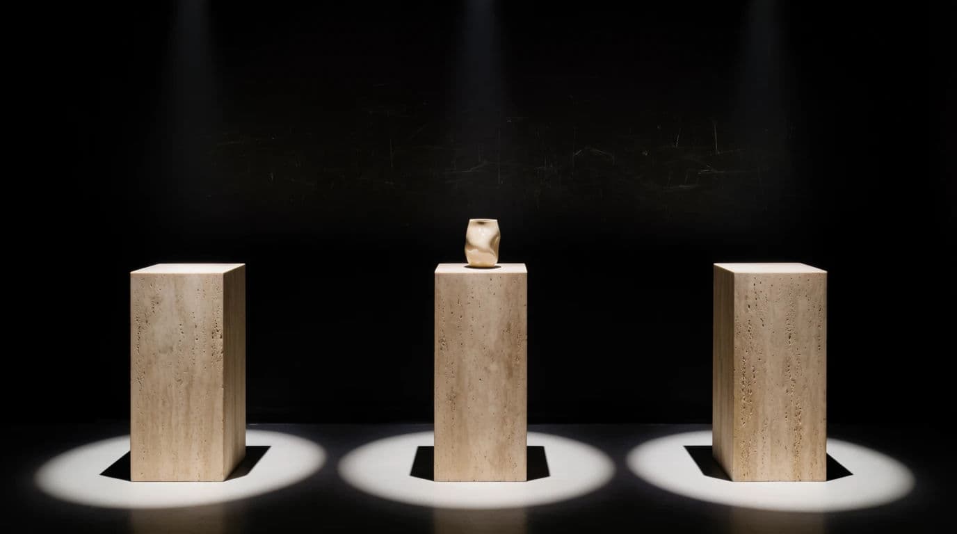 Wide photograph of three lit plinths of which only the centre one holds an object, generated with Krea 2 Large