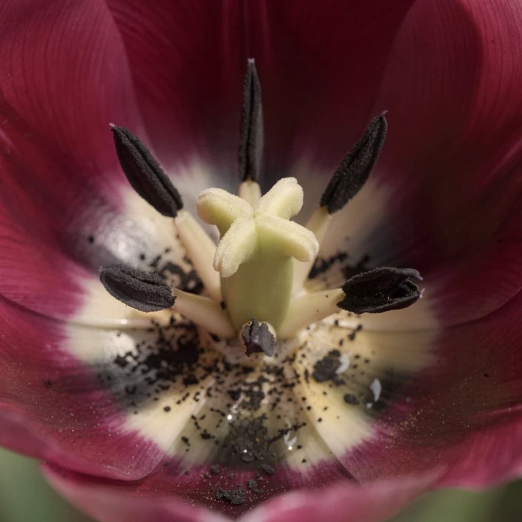 Macro photograph looking down into a tulip at the stamens with pollen on the anthers, generated with Flux 2 Pro