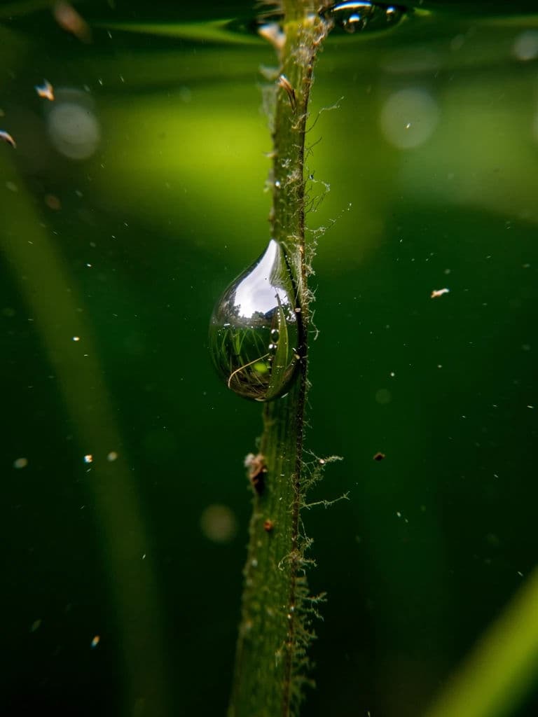 Vertical macro photograph of an oxygen bubble clinging to submerged pond weed, generated with Flux 2 Pro