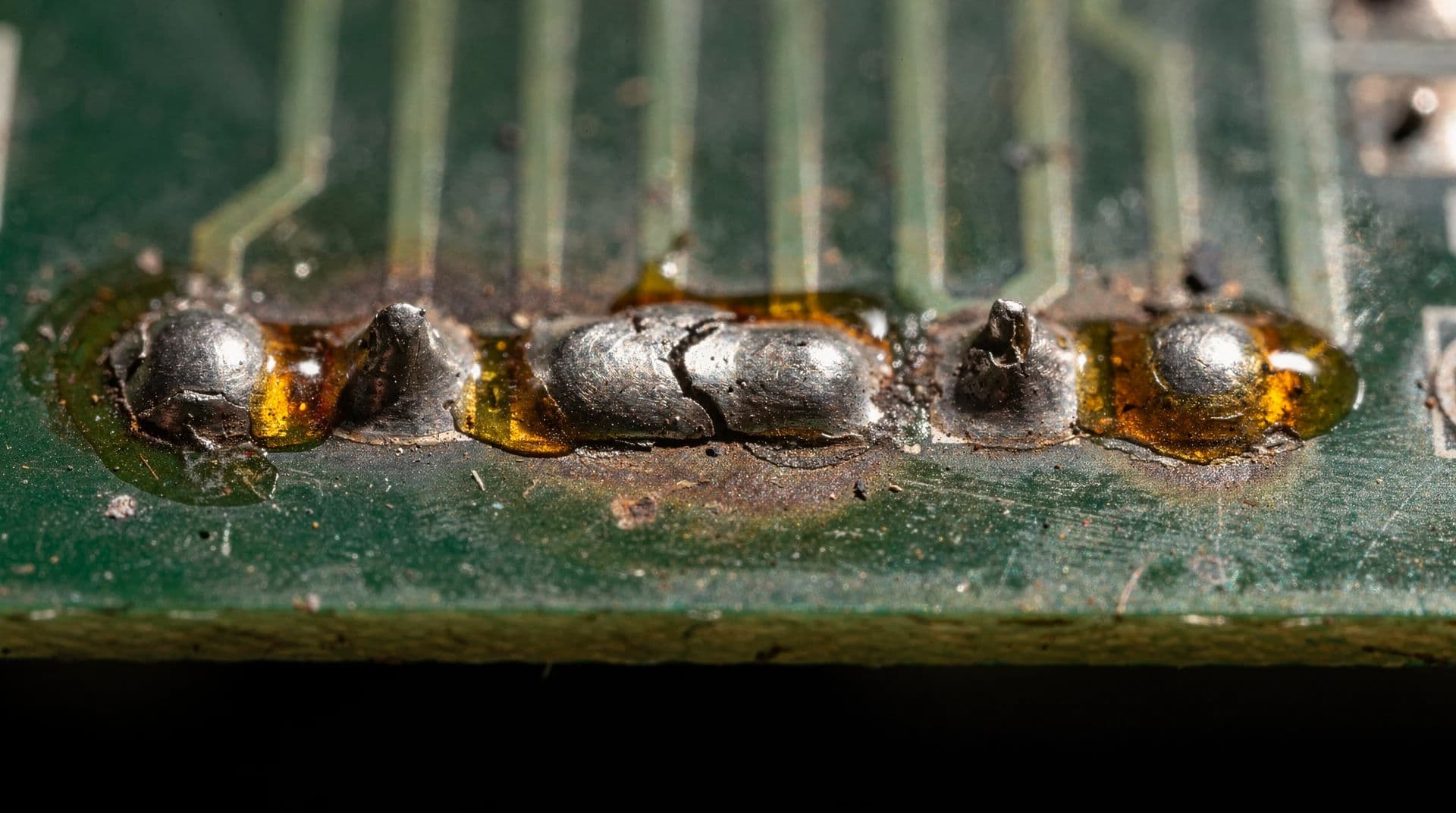 Wide macro photograph of a row of solder joints on an old circuit board with flux residue, generated with Flux 2 Pro