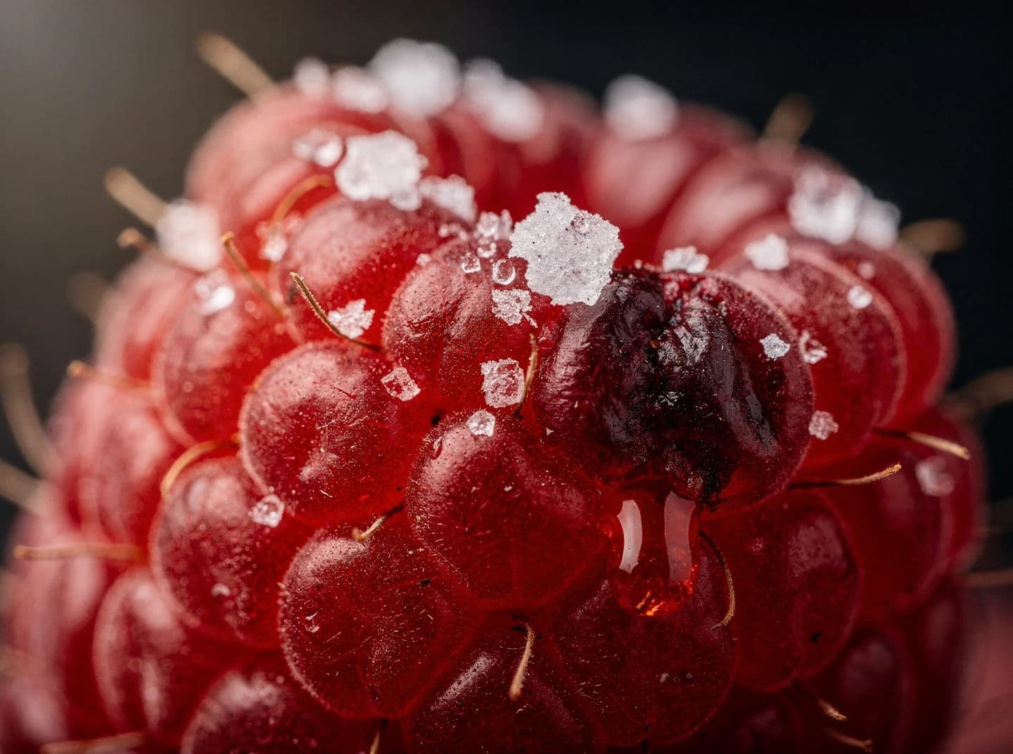 Macro photograph of coarse sugar crystals resting on the drupelets of a single raspberry, generated with Flux 2 Pro