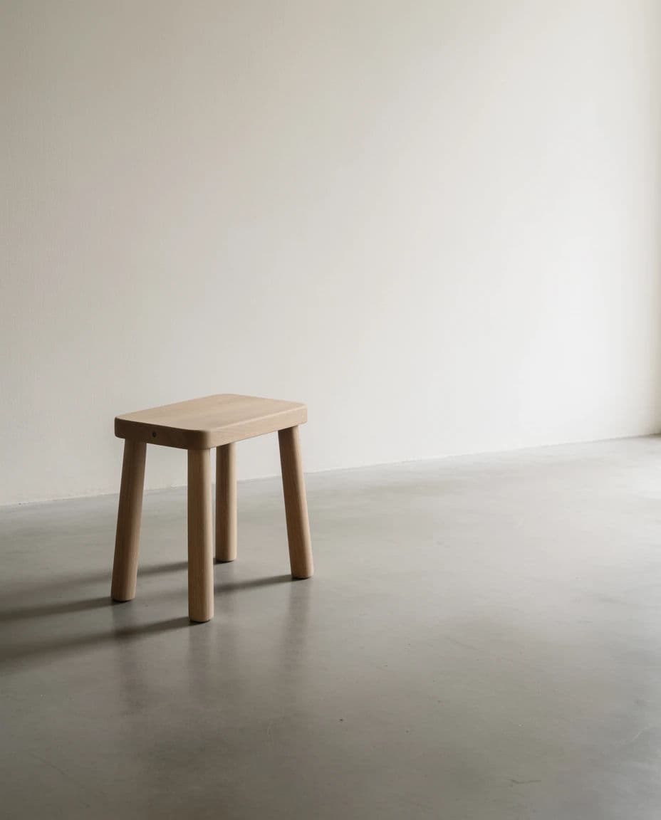 Photograph of a single pale oak stool standing on a wide expanse of polished concrete, generated with Krea 2 Medium