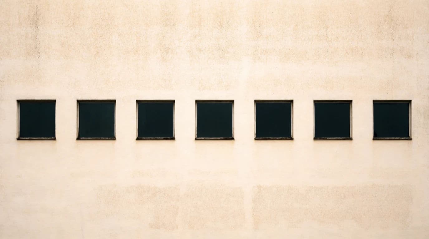 Wide photograph of a bare facade with identical windows repeating at even spacing, generated with Krea 2 Medium