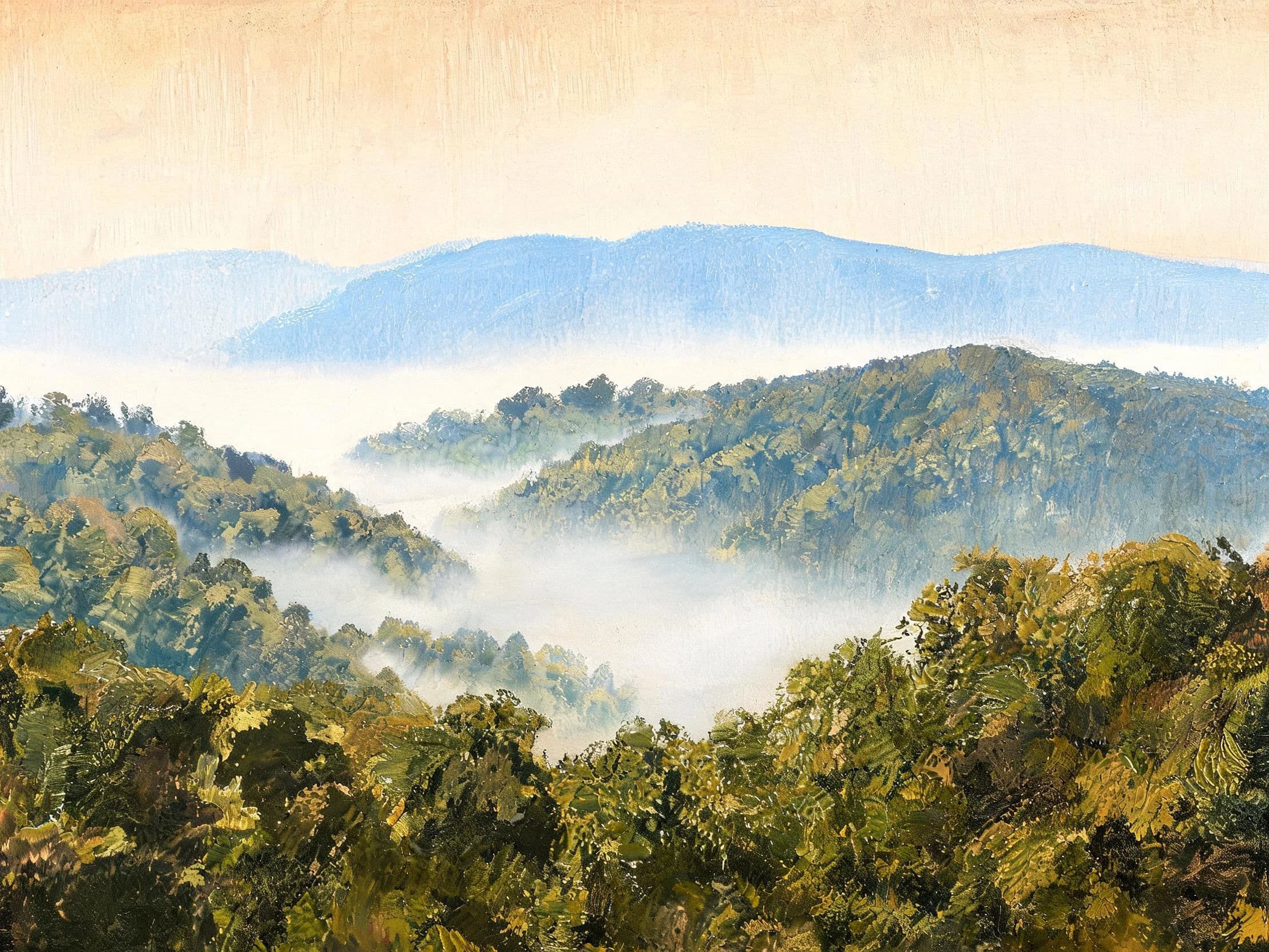 Oil landscape of receding wooded ridges built in successive thin glazes, generated with Seedream 5.0 Lite
