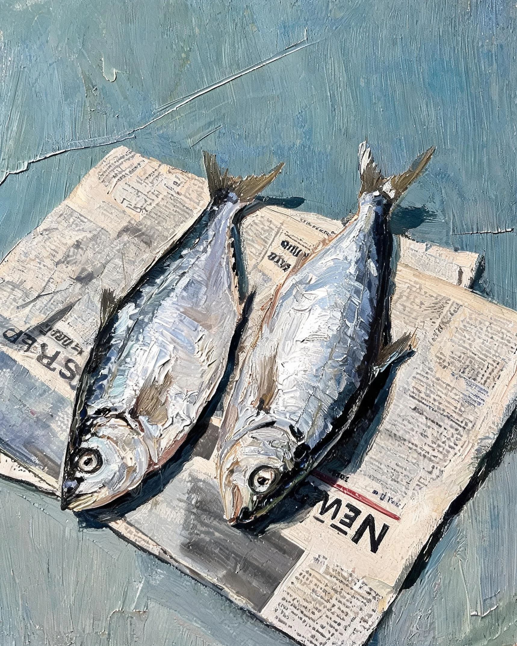 Oil still life of two fish laid on newspaper painted rapidly while fresh, generated with Seedream 5.0 Lite