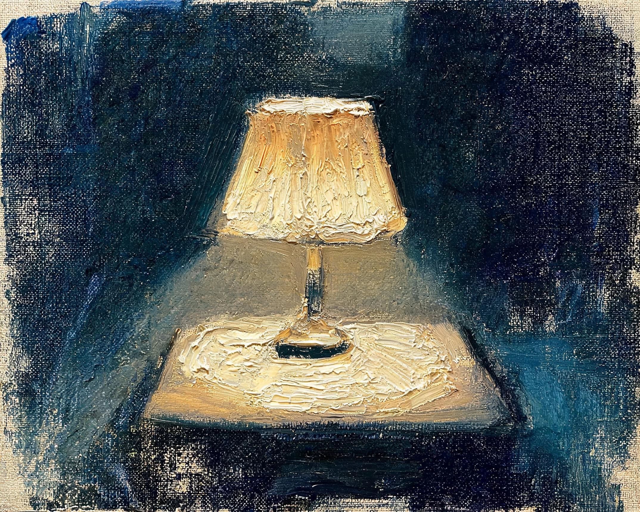 Oil painting of a table lamp at night with the light built in thick opaque paint, generated with Seedream 5.0 Lite