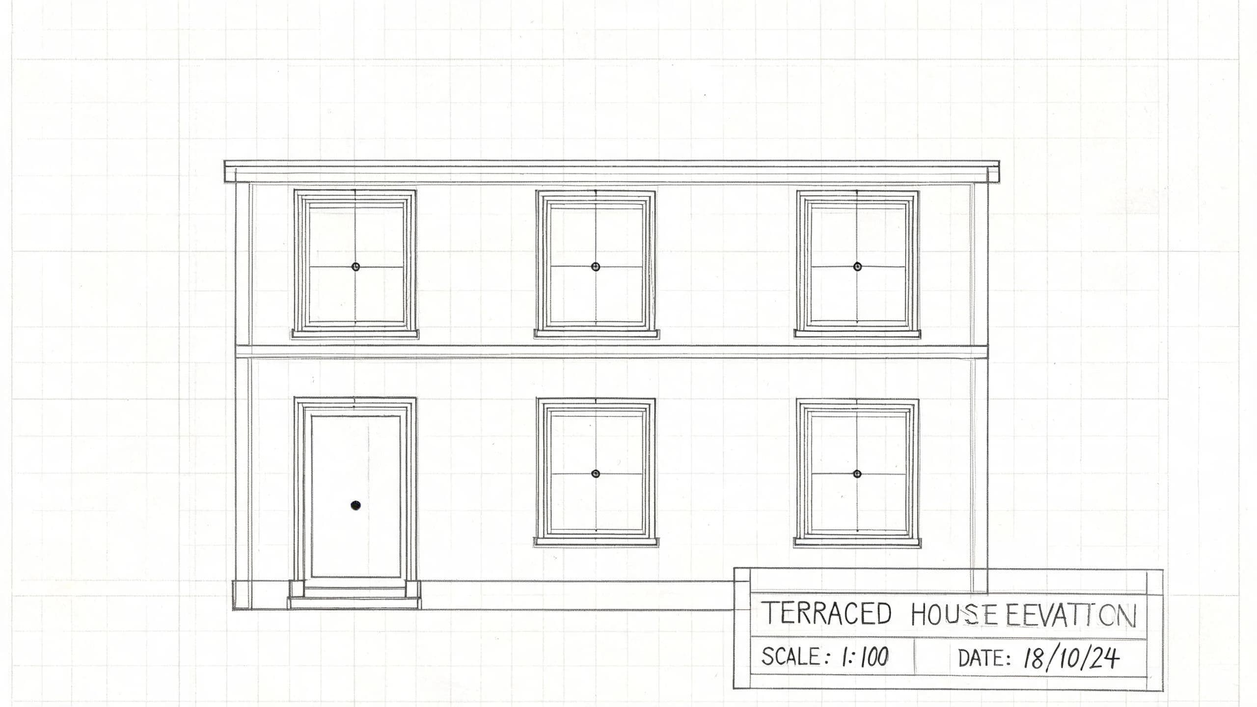 Wide pencil elevation drawing of a building with setting-out lines left visible, generated with Seedream 5.0 Lite
